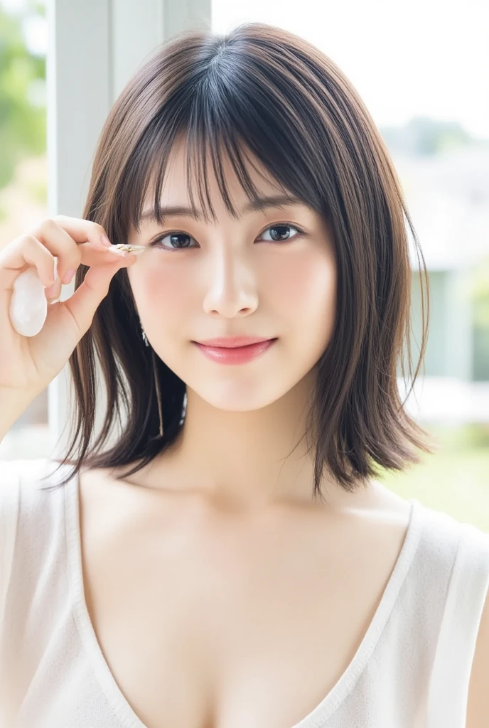 You are a professional photographer。masterpiece、8K、Highest quality, Soft Light, Ultra-high resolution, (Realistic:1.4), RAW Photos,Age 27 、1 Japan, alone, cute、(pupil, Light in your eyes), Natural black eyes、Beautiful face in every detail, (Small box),(High resolution detail of human skin texture)、Postman 、Wear a post office uniform、deliver a letter、post office,Pedalling a bicycle、(Portraiture)、Cleavage、Big Breasts