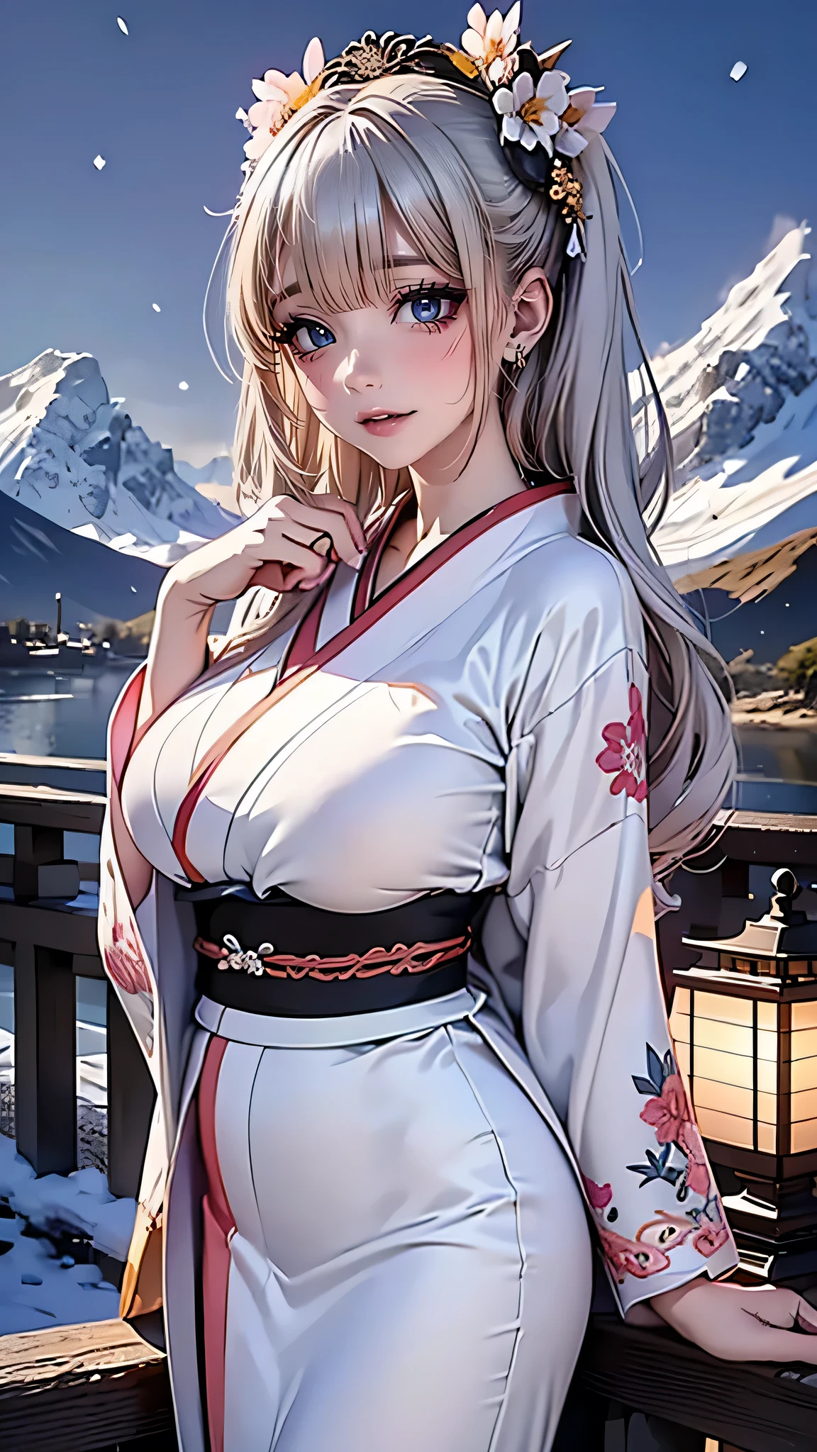 (Beautiful models in Japanese kimono ads), (Solitary), ((The face is 80% Beauty and elegance, 20% Playful:1.5)), (Her), Clear eyes, (Delicate eyes, Light brown eyes, Smart pupils), Double eyelids, (Sexy and slightly thick lips:1.2), Ultra Detailed and incredibly high resolution Kimono, Highly detailed facial texture, Attractive body shape, Full figure、very attractive woman, High-resolution RAW color photos Professional photos, rest ultra high-resolution textures, High resolution body rendering, big eyes, An unrivalled masterpiece, Incredibly high resolution, Ultra Detailed, Amazing ceramic skin, rest (Wearing a sparkling limpa flow silver kimono,There are many colors of Limpa Silver), (The main color is Rinpa shiny silver, Black to silver gradient from hem to collar), (Meticulously crafted classic Japanese shiny silver kimono), ((The embroidery pattern is a Japanese dragon, cloud, Mountains, and rivers)), (A belt that matches this kimono), ((shiny silver kimono,With delicate and elegant embroidery)), (The background is a night view,Light snow falling) rest ((best quality, 8k)), Clear focus:1.2, (Layer cutting, Large target:1.2), (Beautiful Women in Perfect Shape:1.4), (Beautiful figure,Full breasts:1.3), Slim waist, (The right hand shape:1.5), (full-body shot | Cowboy shooting | Rear view)