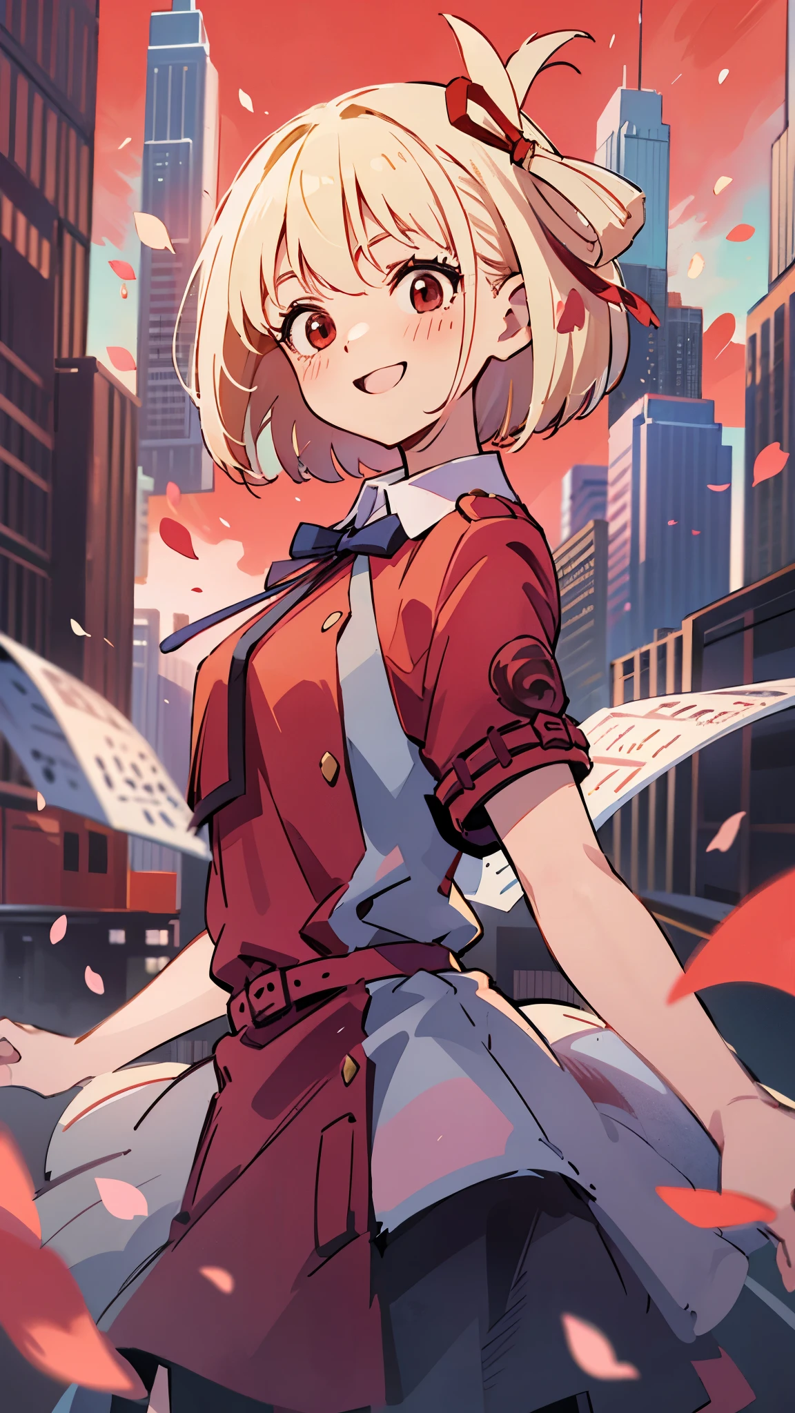 masterpiece、top quality、one woman、solo、short hair、bungs、blond hair、hair bow、one side up、bob cut、red eyes、red blush、upper body in a dark bar、red uniform、Chest、Y shirt、dress shirt、eyebrows visible from the hair、 dark blue tie ribbon 、school uniform、red skirt、smile、blue sky、Like petals、colorful、dynamic、 city background with skyscrapers