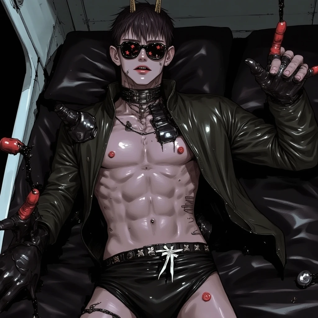 Focus on men. A man was grabbed by a group and . He has short black hair and his right eye is hidden by his hair. red eyes. A man with an expression of either ecstaespair. An obscene red tattoo on the man's stomach. A large amount of semen drips the asshole. Breast mrflowing man's nipples. black gloves. Half ofcal man's clothes were pulled and torn. Semen coming out of the penis. The maight eye is hidden by hir. The man is also restrained with chains. His expression is like climax sex.