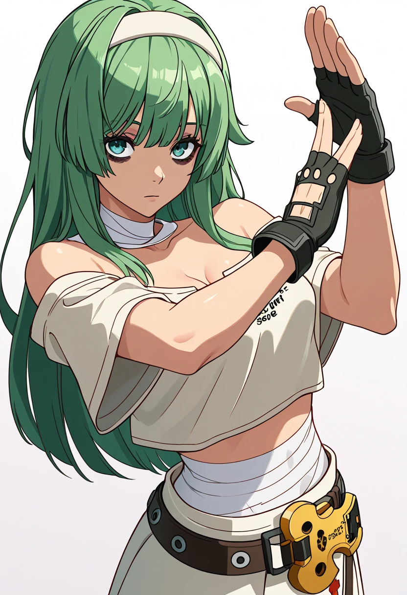 perfect eyes:1.2, detailed eyes:1.4, aba, green hair, medium hair, Bags under eyes, green eyes, pov, makeup, naked, nipples, vagina, pussy, lying, hairband, bandages, bandaged neck, bandaged leg, spread legs, bandaged arm, bandaged hand, 1girl, solo, (masterpiece:1.6, best quality),