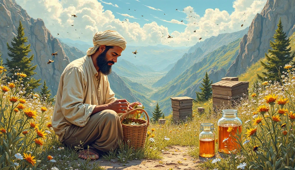 The illustration style is semi-realistic, with strong outlines and detailed shading, resembling a historical or graphic novel artwork.
Salim is shown in a scenic mountain area, picking wildflowers with a small basket. Nearby, beehives are buzzing, and bees are flying calmly. He is adding rare herbs to a small jar of honey with precision. The light shows golden honey glowing in glass jars beside him