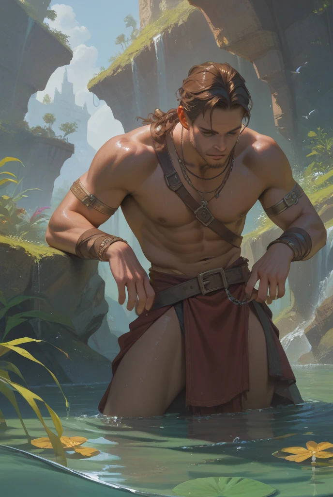 1 young nordic man, standing front aside , nordic slender athletically-toned man captured in a fierce mid-workout pose, barefoot and shirtless, showcasing the results of meticulous fitness training, his well-formed body an embodiment of pure human vitality, items relating to animals nonchalantly littered around him; lying next to him on an ancient, digitally aged manuscript parchment, rendered in watercolor realism, in roberto ferri and artstation ultradetailed art style, view from aside, in 1800´s a young archer laitno men , standing on the top of a blue castle, nice gaze, perfect anatomy, in the background, forest, river, mulcolor flowers, moutains, skinny detailed muscles, muscled legs, handsome, gorgeous, man adventurer, latino, caravaggio, john william waterhouse, Miki Asai Macro photography, close-up, hyper detailed, trending on artstation, sharp focus, studio photo, intricate details, highly detailed, by greg rutkowski