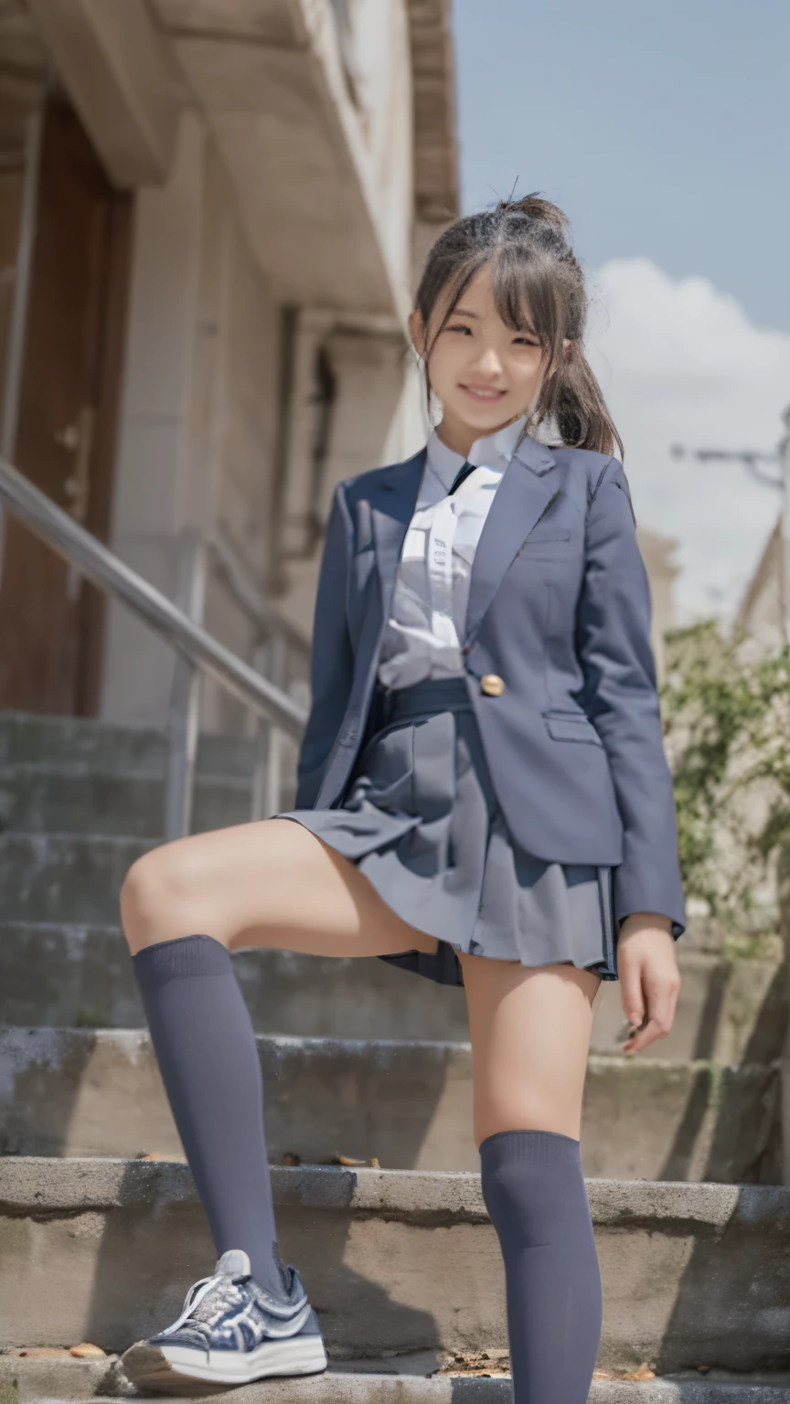 (masterpiece, highest quality:1.4), award-winning portraits, 8K, 85mm, alone, beautiful face, delicate girl, , (dark navy blazer jacket), dark navy skirt, long sleeve, violaces, gardenia, grace, Sophisticated, cute, , looking at the viewer, 15 yw photo, disorganized, HDR, sharp focus, A bow tie, background bokeh、(((flat 、thin and delicate body、A childish atmosph)、Her shiny semi-long hair is tied up、hair swaying wind、Mole on the left cheek、large, round, dark blue eyes、full body、random pose、Run、sprinting、Skirt fluttering in the wind、Junior idol、Nogizaka Idol、widening skirt、jump、mole under eye、sexy