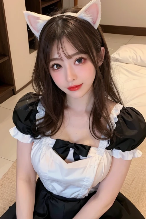 whole body, highest quality, shape, Very detailed, In detail, High resolution, 8k wallpaper, Perfect dynamic composition, Beautiful details, Pink maid outfit,Medium Hair, Center of chest, Natural color lip, Random sexy poses,smile,maid Cafe,Small headband,