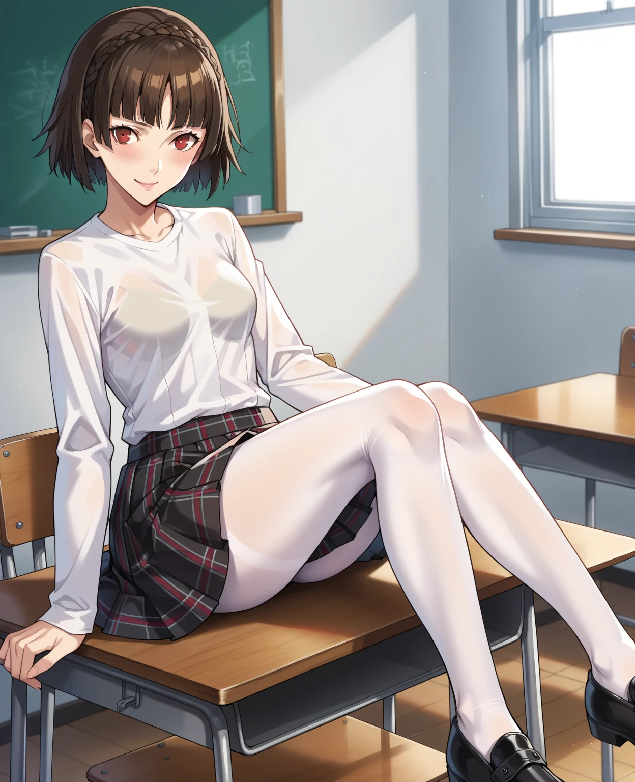 (Ultimate masterpiece), (Superb quality), (Ultra-detailed), High resolution, Ultimate beauty, High saturation, Vivid,.
 
 
1 beautiful girl,(cute girl),(thighs, black tights),(loafers),(pink cardigan),(gingham check priss skirt),.
Super smile, brown hair, one length bob cut braided, hair ribbon, (standing, dynamic pose), prestigious private girls high school, indoor background,
Uniform fashion magazine shoot, professional shading, best illustration of her looking pretty.
