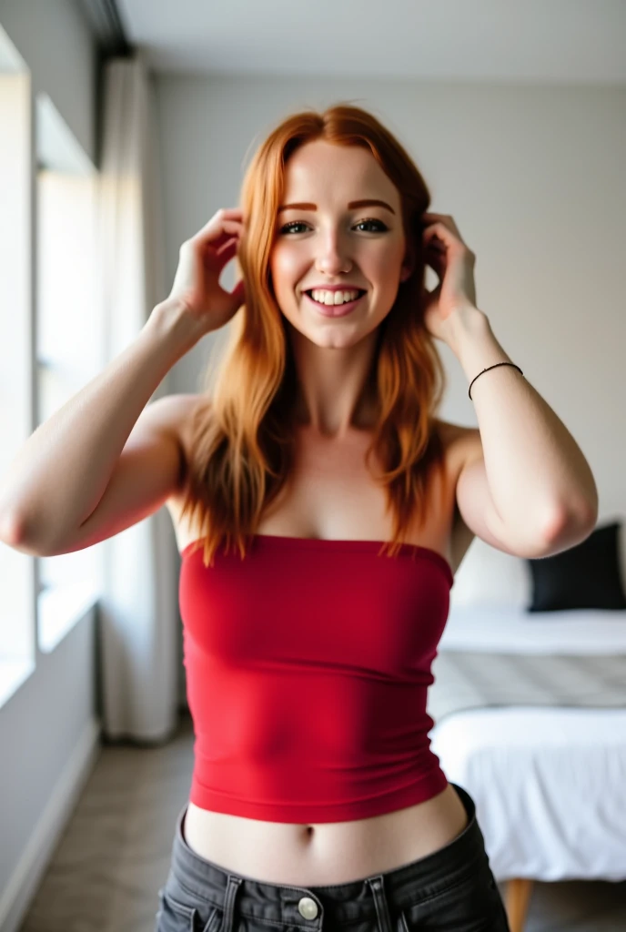 front picture from below of a red hair normal body smiling girl with transparent string dress that show everithing below