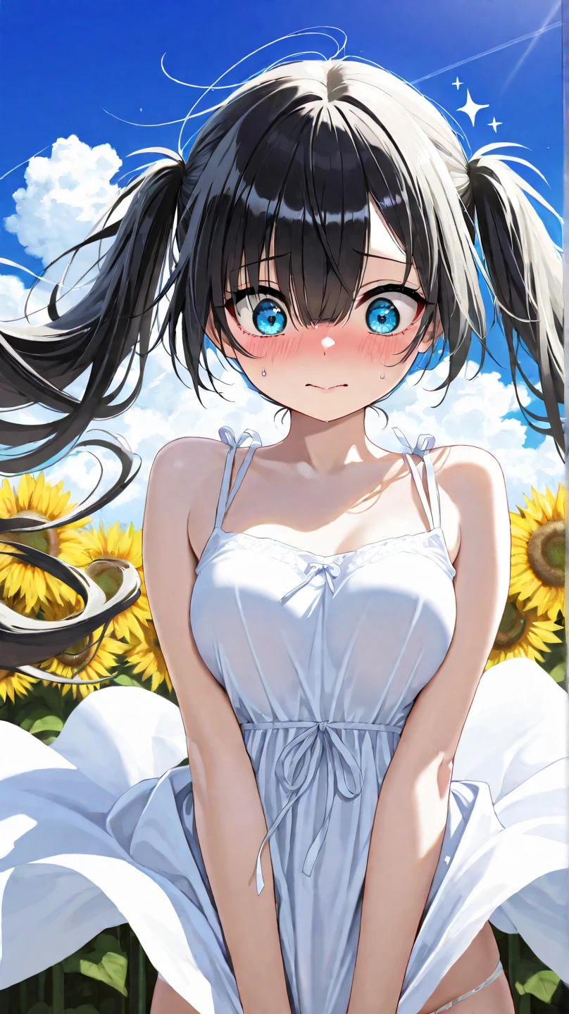 Highest quality、High resolution、Detailed Background、Beautiful face in every detail、Anatomically correct、Detailed facial expressions、fine grain、One Girl、Black Hair、beautiful clear big blue eyes、Braided Bob、Chibi Girl、primary school, Cute sleeveless summer outfits in bright colors、Sunflower field、((arm up in the air:1.2)), (Show your palm:1.2)、Nothing in my hands、Angry face、Glaring at the audience、Tears in my eyes、Screaming with open mouth、(Hands close-up)