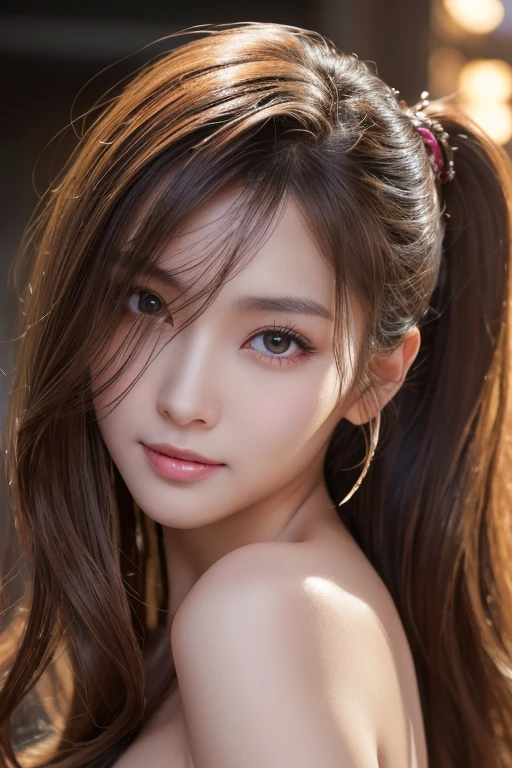highest quality, Realistic, 8K, High resolution, 1 Girl, woman, (Skin dents), (Portraiture:0.6), nice, ((White Background, naked, Small breasts:1.65)), (Long brown hair in twin tails, Parted bangs:1.4), Watching the audience, (1 Girl eyes Watching the audience:1.6), Realistic, (Bokeh), (Closed Mouth, smile:1.3), nice, Purelos Face_V1:1,Upper body close-up、