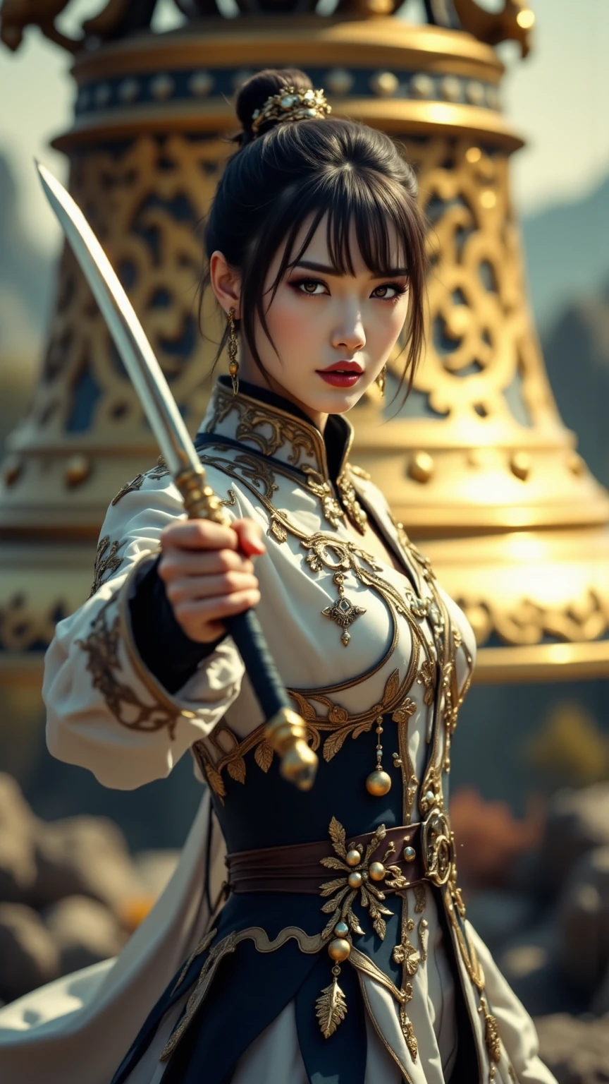 A woman dressed in an ornate costume with luxurious decorations, holding a slender rapier sword, assumes an impressive fencing stance, captivating the onlookers, with a unique and exotic landscape featuring a magnificent golden bell in the background여성,화려한 복장,장식이 화려한,레이피어 검을 쥠,훌륭한 검술 자세,모두의 감탄,이색적인 풍경,황금종인물,세부묘사,동작,표정,자세,세부요소 5개 이상고화질,전문적 효과,세부묘사배경,재질감,분위기,조명초상화,판화,개념미술,사진술디지털 아트,3D 렌더링,사실적,사진사실적세부 묘사4K,8K,고해상도,마스터피스,초고화질,사실적,사진사실적,물리기반렌더링,전문가,강렬한 색상,보케