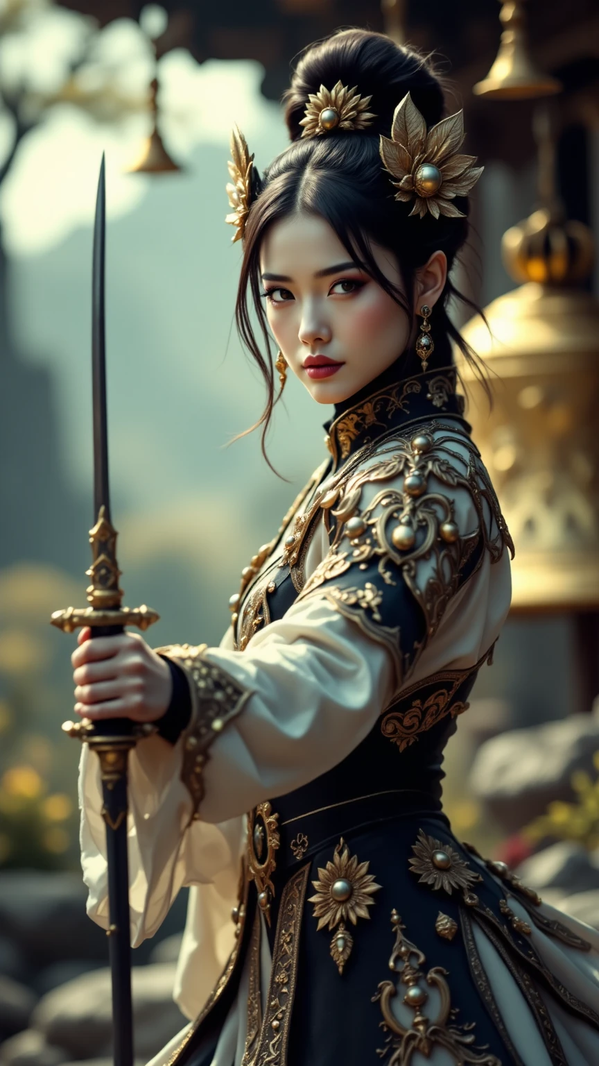 A woman dressed in an ornate costume with luxurious decorations, holding a slender rapier sword, assumes an impressive fencing stance, captivating the onlookers, with a unique and exotic landscape featuring a magnificent golden bell in the background여성,화려한 복장,장식이 화려한,레이피어 검을 쥠,훌륭한 검술 자세,모두의 감탄,이색적인 풍경,황금종인물,세부묘사,동작,표정,자세,세부요소 5개 이상고화?,전문적 효과,세부묘사배경,재?감,분위기,조명초상화,판화,개념미술,사진술디지털 아트,3D 렌더링,사실적,사진사실적세부 묘사4K,8K,고해상도,마스터피스,초고화?,사실적,사진사실적,물리기반렌더링,전문가,강렬한 색상,보케