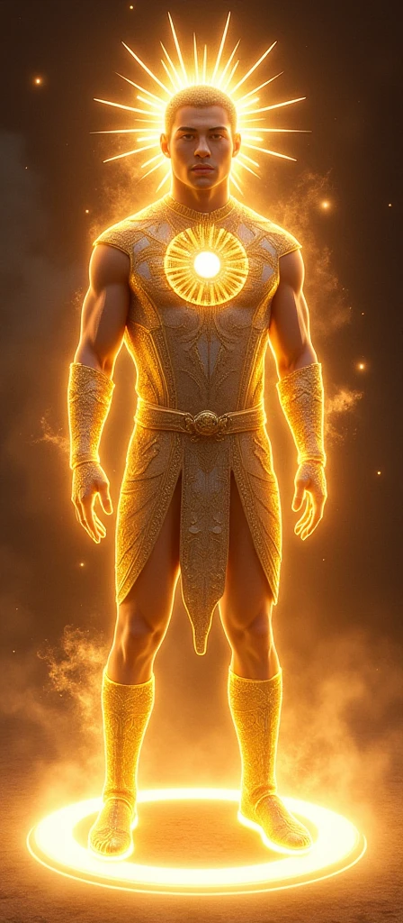 create an image of a sun-colored, glowing warrior, with a very large, square helmet with precious stones on its visor instead of eyes