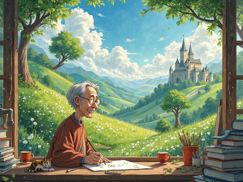 "Studio Ghibli-style illustration of Hayao Miyazaki as a kind old wizard-artist, painting a vibrant natural landscape onto a giant canvas. His brush strokes come to life, sprouting tiny animated trees, floating dandelion seeds, and playful kodama (forest spirits) that peek out from the paper. The scene is set in a cozy wooden studio filled with stacks of sketchbooks, cups of tea, and a calico cat napping by the window. Outside, the real world mirrors his painting—rolling green hills, a whimsical castle in the clouds, and a Totoro-like creature observing curiously. Soft watercolor textures, warm sunlight filtering through leaves, and a dreamy, nostalgic atmosphere. 8K, detailed, Studio Ghibli film still aesthetic."