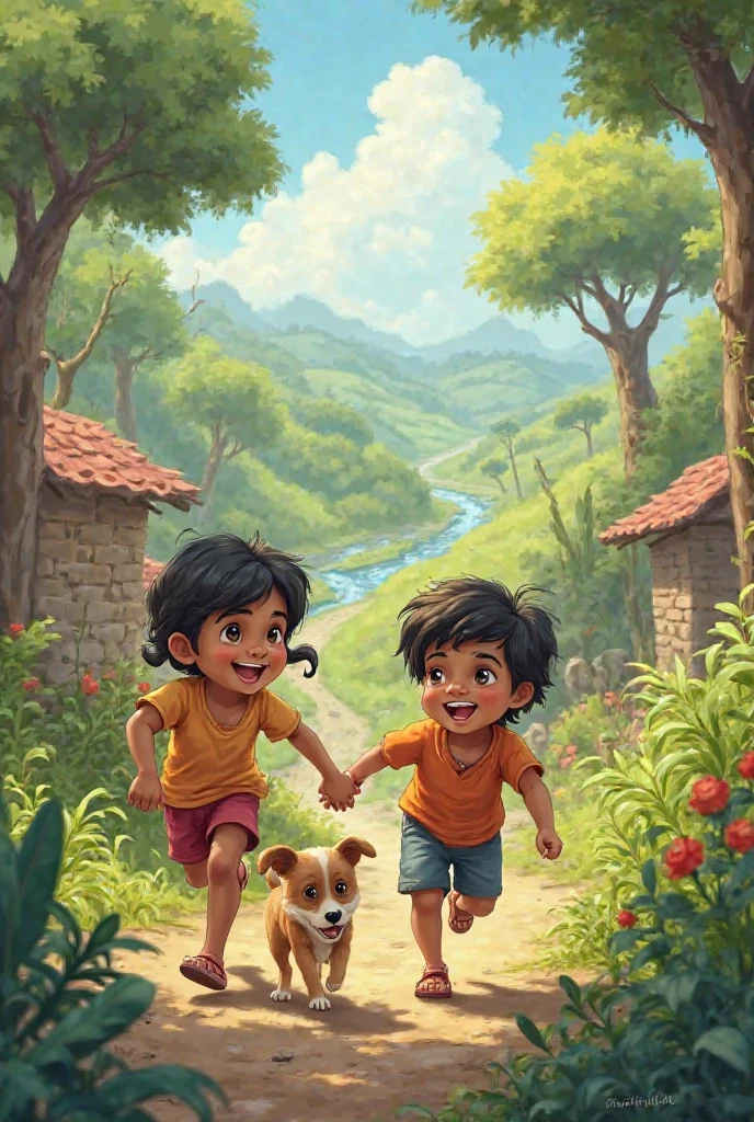 एक छोटे से गाँव में, रमेश और सीता नाम के दो बच्चे रहते थे। रमेश के पास एक छोटा पिल्ला भी था, जिसका नाम था - भुक्कू। रमेश, सीता और भुक्कू हर दिन साथ खेलते, नालों में कूदते और पेड़ों पर चढ़ते।