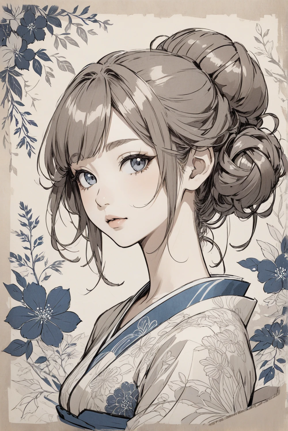 Featuring loose curls and a fluffy bun with Maiko's hair tied up in a messy updo, the sketch is hand-drawn on textured paper in muted blue and sepia tones, with an emphasis on the intricate hair detail and shading.