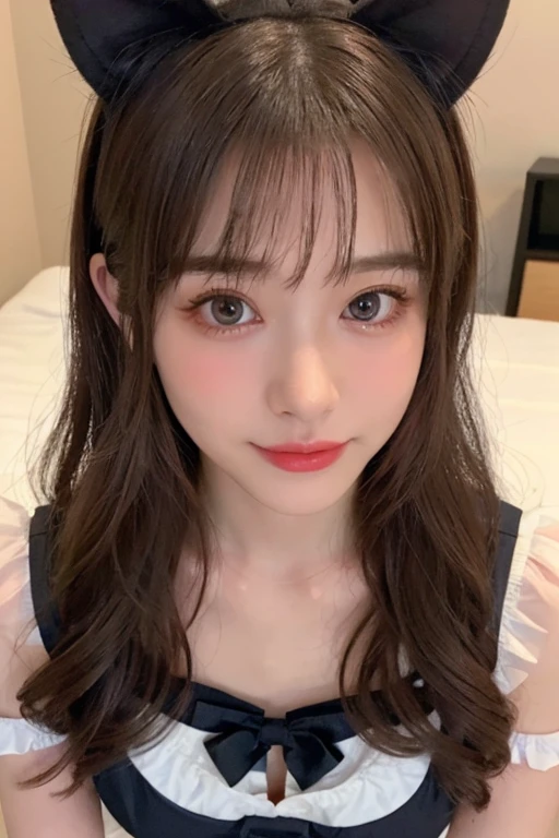 (8K, RAW Photos:1.2),Detailed face and eyes,Highest quality, Ultra-high resolution, Very detailed ,Ultra-intricate details ,Tabletop ,Very cute girl , Soft cinematic light, Hyper Detail,Sharp focus, super high quality, Long wavy hair with brown hair, 16-year-old girl, Beautiful plump G cup, The whole body is shown, Embarrassed,Kissing face, A seductive look, Plump whole body, On the bed, topless, Beautiful nipples, Full body nude,