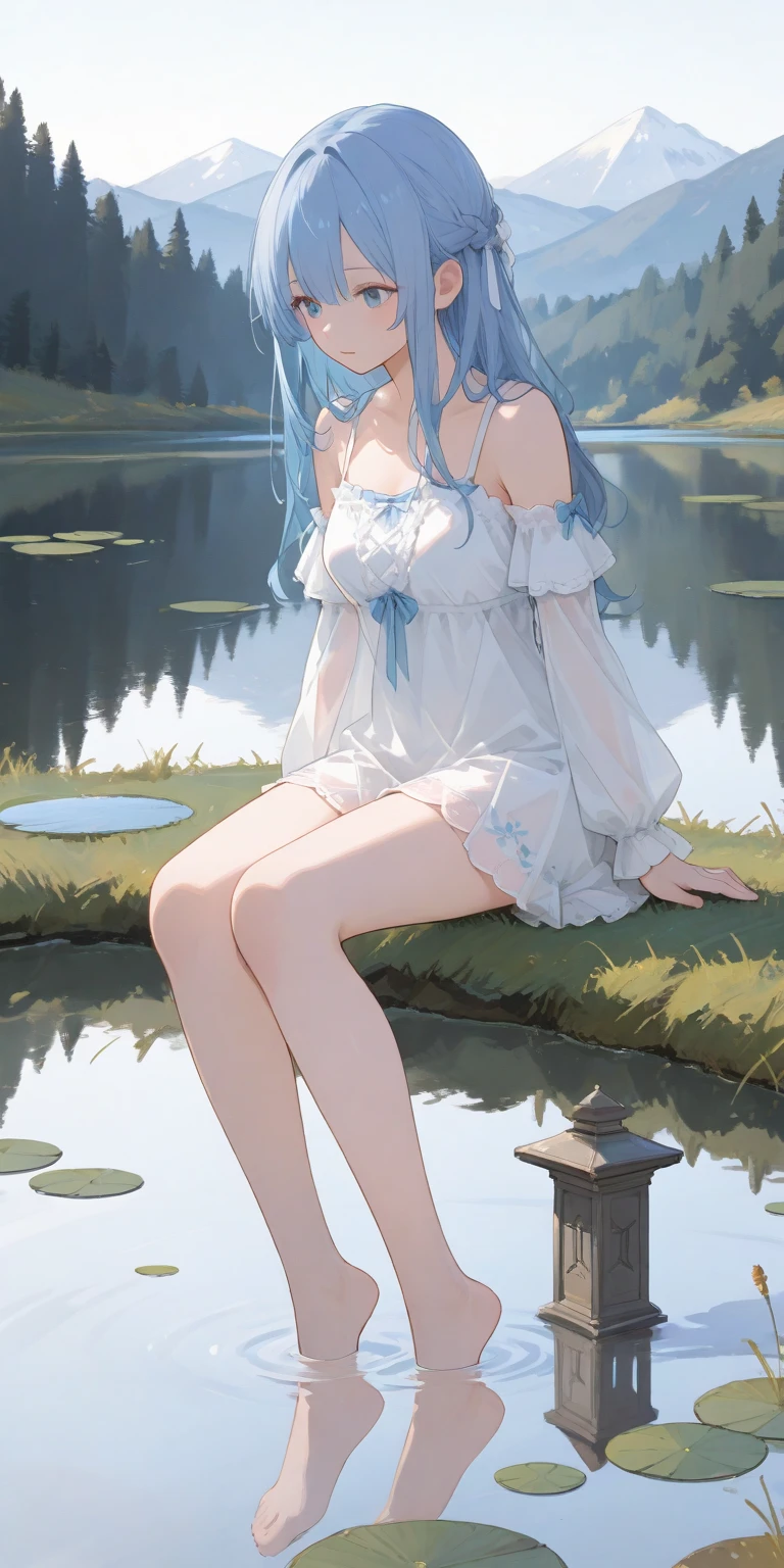 Masterpiece, Best Quality, Official Art, 8k Wallpaper, Very Detailed, Illustration, 1 Girl, Sky Blue Hair, Long Hair, Detailed Eyes, Forrest Gump, Bare Shoulders, Hanfu, Lake, Pure, Soft Smile, bamboo, tea