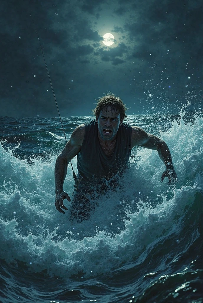 A man with blood bleeding coming in boat in sea in scary look