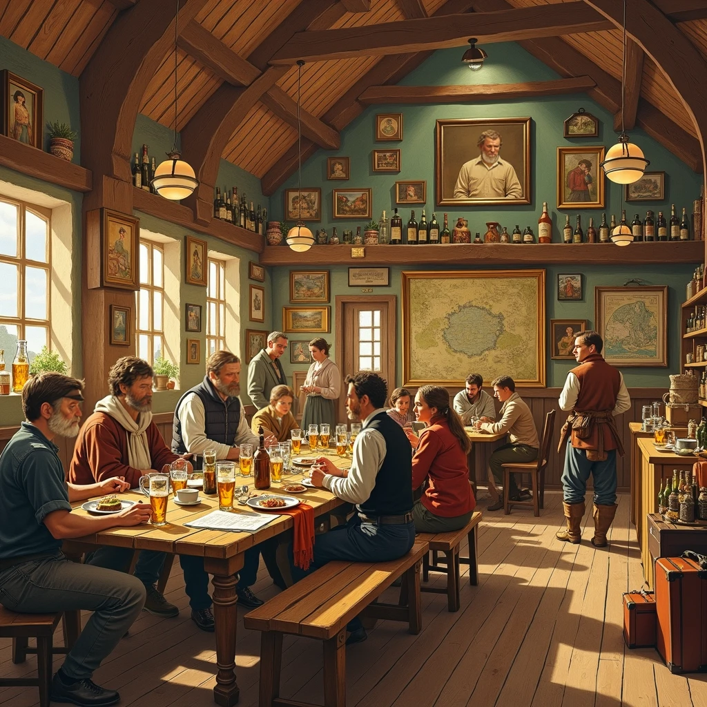 people gather at the cafeteria of an idyllic inn in、Adventurer、Strong Man、 bard、dancer in black、People in the city、etc. 々What kind of person 々、street {x} and beer and simple food at a simple table、There is a map,、suitcases, etc. are placed on the floor、Warm Colors, High Quality Masterpieces 、Extremely complex and exquisitely detailed、very detailed、very detailedデジタルアート
