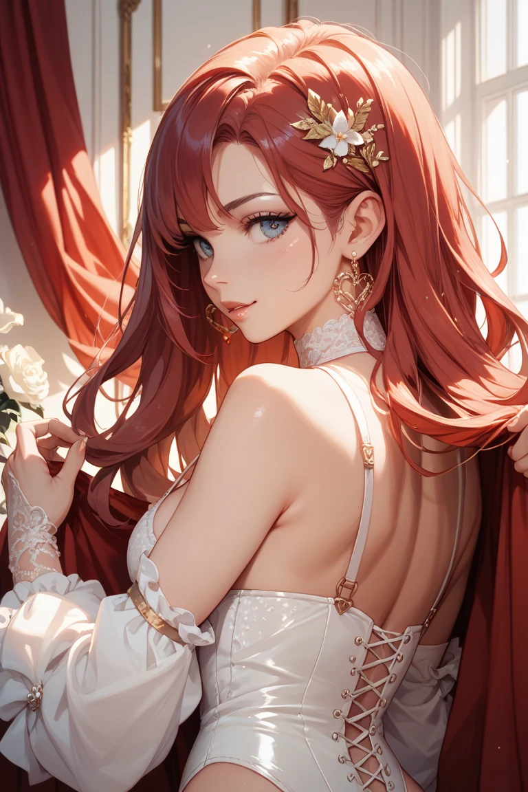 (masterpiece, best quality, beautiful and aesthetic:1.3), side view, look back, 1 girl, Happy, smirk, (Claret hair Gradient pink hair:1.6), Absurdly long hair, half updo half up half down, wavy end, shiny hair, Flowing hair, (glowing purple eyes), Exquisite eyes, Aqua eyes, Super high detail eyes, long upper eyelashes, cosmetic, focus on face, Very rich facial details, Pretty Face, Perfect breasts, Hot body, (The skin texture is delicate:1.2), white Wedding dress, Lace-trimmed dress, transparent, Wedding dress, outdoor, White Rose, garden, morning, Everlasting, Very detailed,