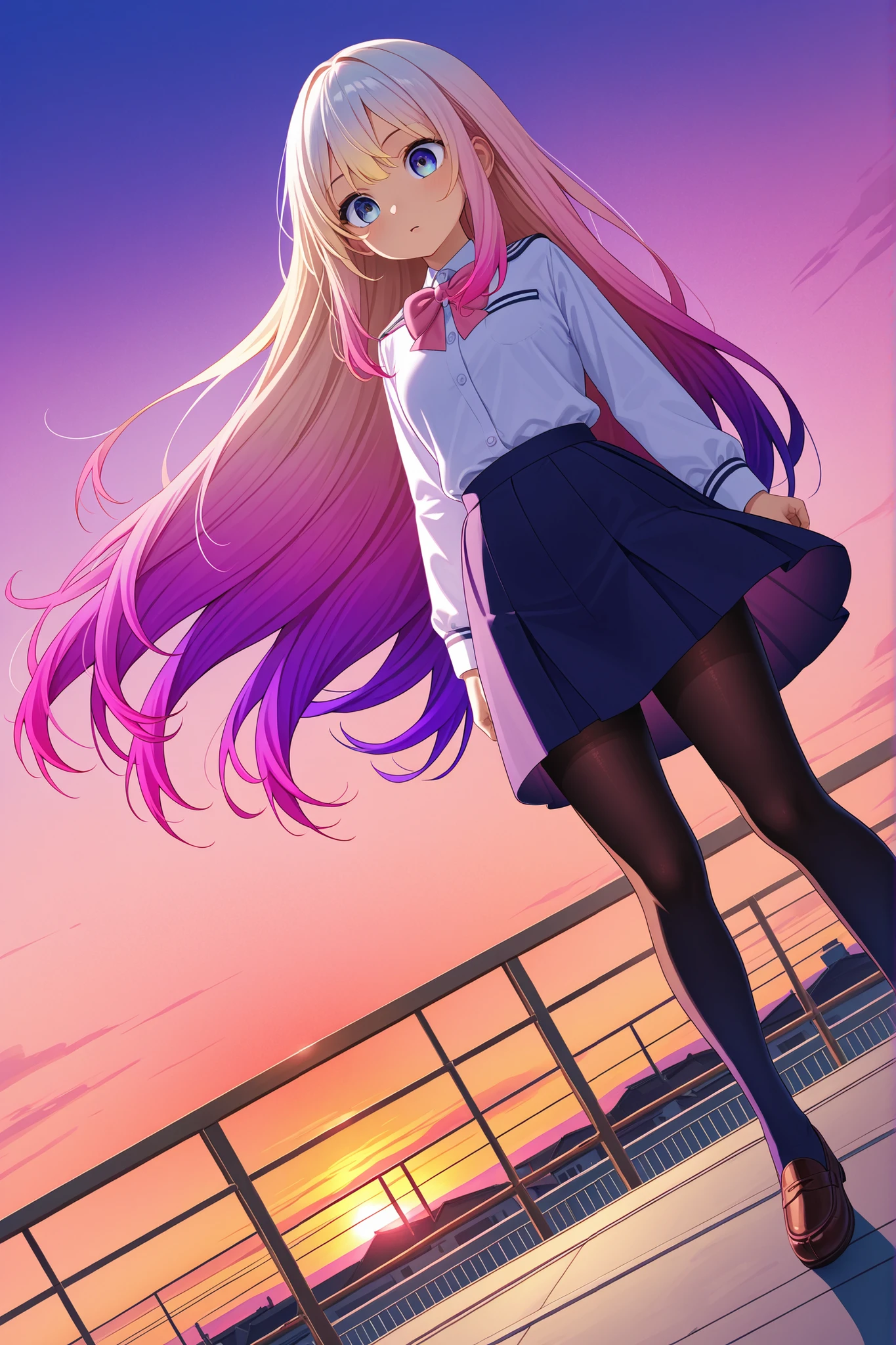 huge filesize,1girl,(purple pink gradient hair:1.5),hair that glows gold,blue purple eyes,high school girl,skirt length with 6cm inseam,uniform,(shocking pink sunset gradient:1.5),dutch angle,(backlight:1.2),(Standard Dynamic Range:1.5),rooftop,very big,