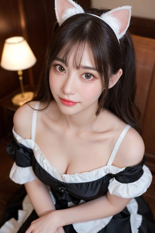 Best Quality Detail:1.2, realisitic, 8K UHD, hight resolution, 1girl in:1.2, The ultra-detailliert, High quality textures, intricate detailes, detaileds, Very detailed CG, High quality shadows, Detail Beautiful delicate face, Detail Beautiful delicate eyes, depth of fields, Ray traching, a 20 yo woman, Pretty Kpop Girl, Korean Urzan Face:1.1, Slender face, ulzzang -6500-v1.1:0.6, pureerosface_v1, gloweyes, teak, Glossy lips, perfectbody、sitting on、thin-waist、Slim body、tits out、cleavage of the breast、((maid clothes))、Gothic ta、Photorealsitic:1.4, ultra-detailliert, photos realistic, Full Color RAW Photos, Fuji Film(Medium format:1.2), Incredible dynamic range photography(UTIL_Art by Smoose-768:1.1), hight resolution, High pixel count, clear details, crisp image, Natural color reproduction, Noise Reduction, High fidelity, qulity, Software Improvements, Upscaling, Optimized algorithms, Pro-level retouching、(((Maid Cafe)))、tea shop、