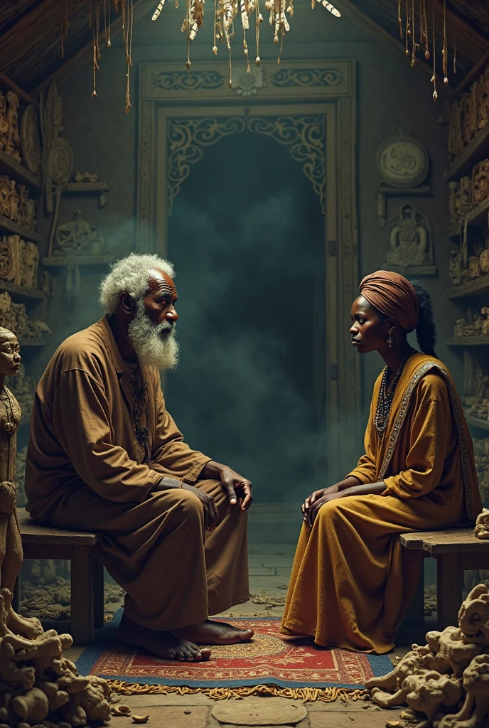 An elderly African spiritual healer inside a dark hut filled with ritual items, talking seriously to a woman in traditional Nigerian dress. Dim lighting, mystical atmosphere