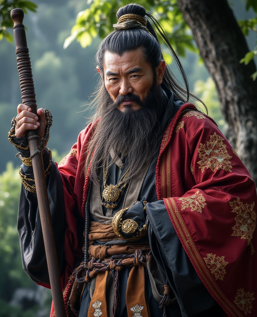 Bao visitors、Portrait of a Bao Man、Expression Seen from the Front、gentle expression、 long beard、Heavy Features、Rustic Outfit、Traditional Ornaments、Natural background、tree々Surrounded by an environment、bright light、Painterly Texture、precise details、realistic、4K Rendering、high detail、professional on stage floor、vivid color