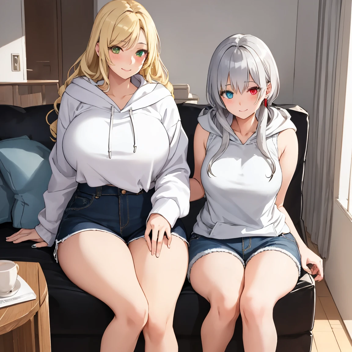 2 females. The first female has long light caramel hair, deep red eyes, wearing a tight casual tshirt, sweatpants, big tits, nipples visible through clothing, not muscular, slight smile. The second female has long white hair, deep red eyes, wearing a tight black sports bra, shorts, even larger tits, nipples visible through clothing, muscular, Both sitting on couch.