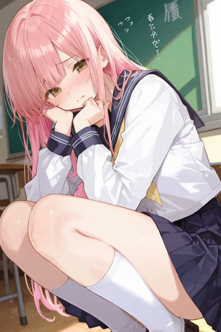 1girl in、A smile、The shirt、skirt by the、（small tits）Chilarism、Japan High School Student Uniform、serafuku、summer clothing、Squall Drenched Uniform、（Sheer Bra）、Upper body portrait、light cream hair、Squatting panchira、