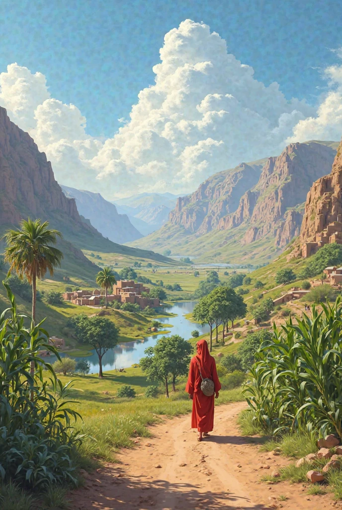 Yvonne background on fine art from the Jizan region showing the sky, clouds, valley, green corn trees, mango trees, mountains, mud lands and a small village on the banks of the valley 