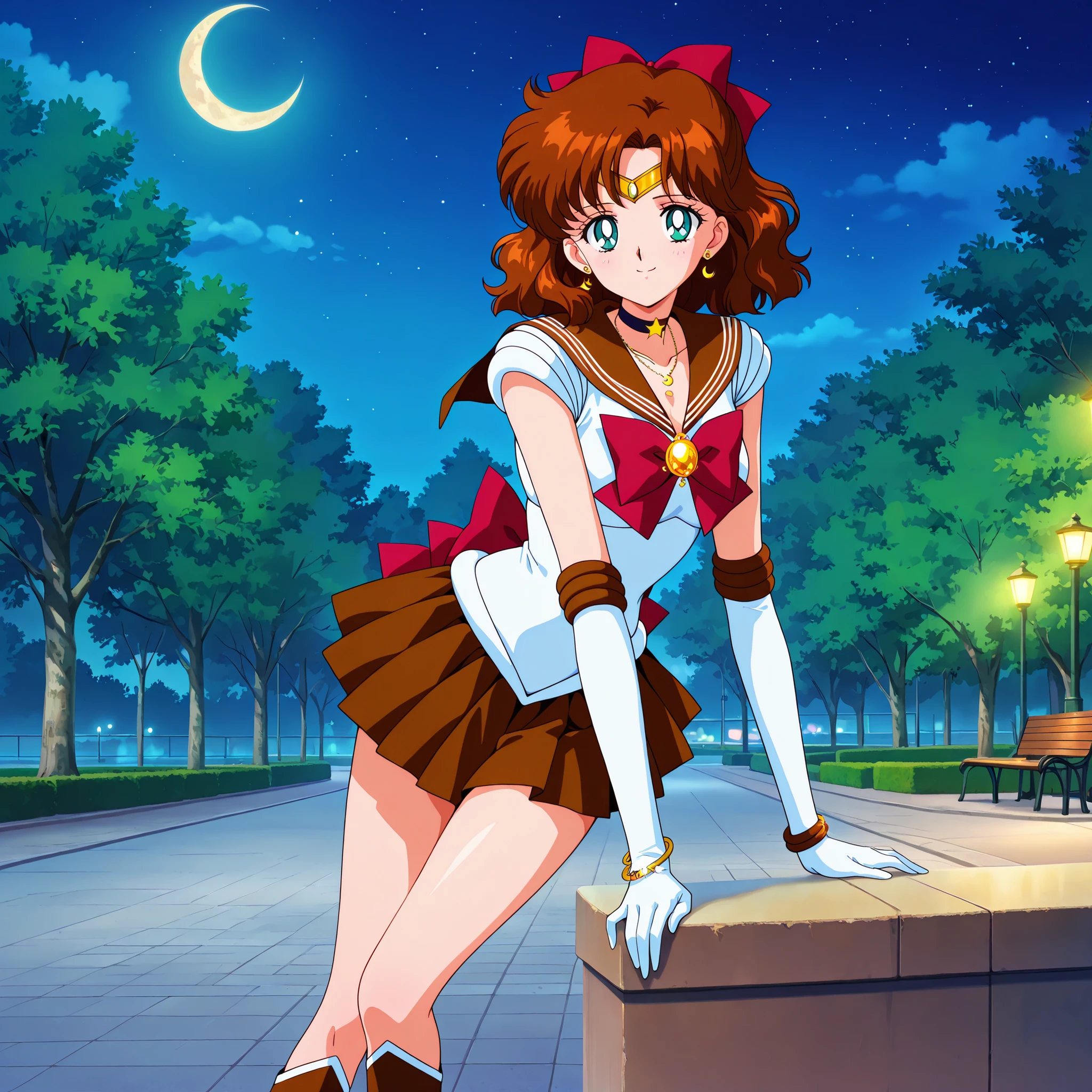 masterpiece, best quality, very aesthetic, absurdres, jewelry, earrings, bracelet, necklace, 1 girl, cute face, medium breast, alone, brown hair, medium length hair, wavy hair, bun, hair bow, teal eyes, sailor senshi uniform, back bow, Brown sailor collar, black skirt, Brown boots, red bow, brooch, choker, crescent moon, White elbow gloves, gloves, jewelry, knee boots, magical girl, pleated skirt, red bow, black choker, ribbon, sailor collar, Brown skirt, white gloves, looking at viewer, smile, outdoors, night, Park background, 90 anime style, official art
