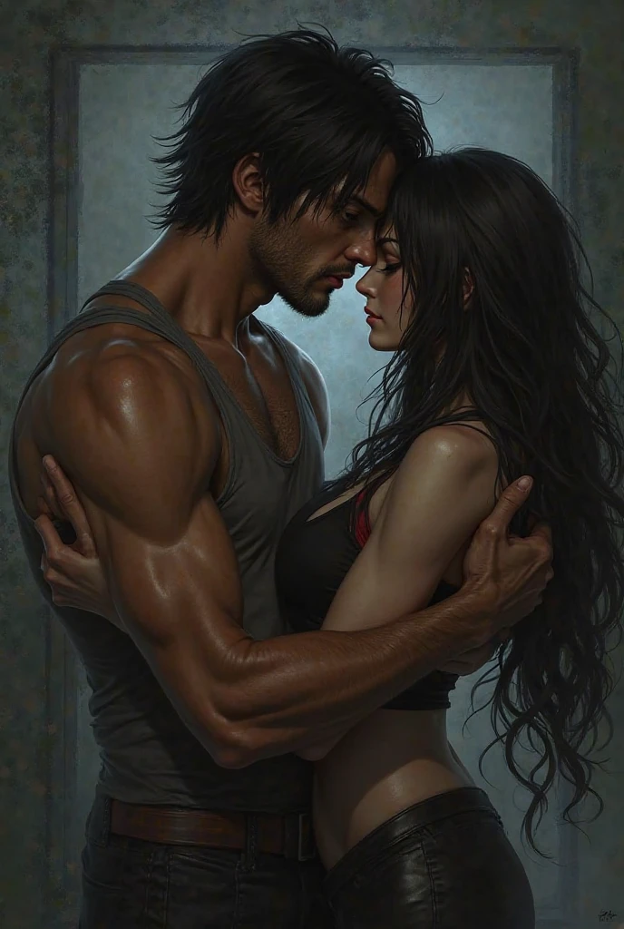 Tall man with white hair and sky blue eyes carrying a short woman with black hair and amber eyes. He looks at her with possession, as if she belonged to him, while she looks at him with love. He has his chest uncovered, she wears a black dress.