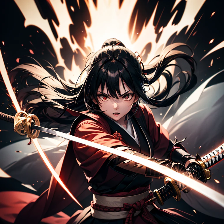 Impact, black and white, red highlight, samurai, katana making an impact