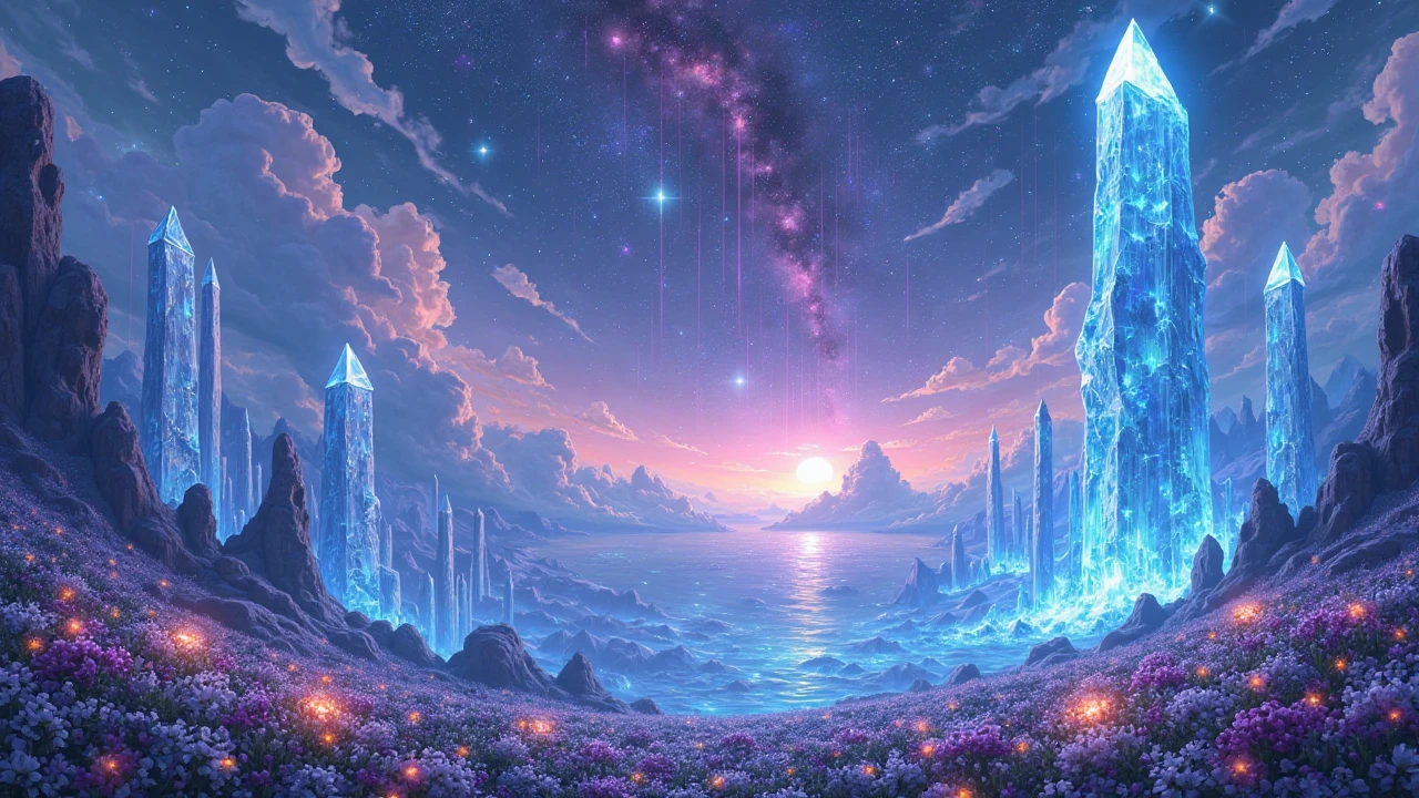 A breathtaking panoramic view of a dreamlike astral world in the Zephyris Galaxy, a surreal landscape with floating crystal structures glowing in shades of blue and purple, a starry sky with cascading stardust falling like rain, glowing nebulae in the background, a garden of stars with shimmering flowers, a serene and mystical atmosphere, anime fantasy style, highly detailed, vibrant colors of blue, purple, and silver, cinematic lighting with glowing effects, ethereal and magical ambiance, 8K resolution, --ar 16:9