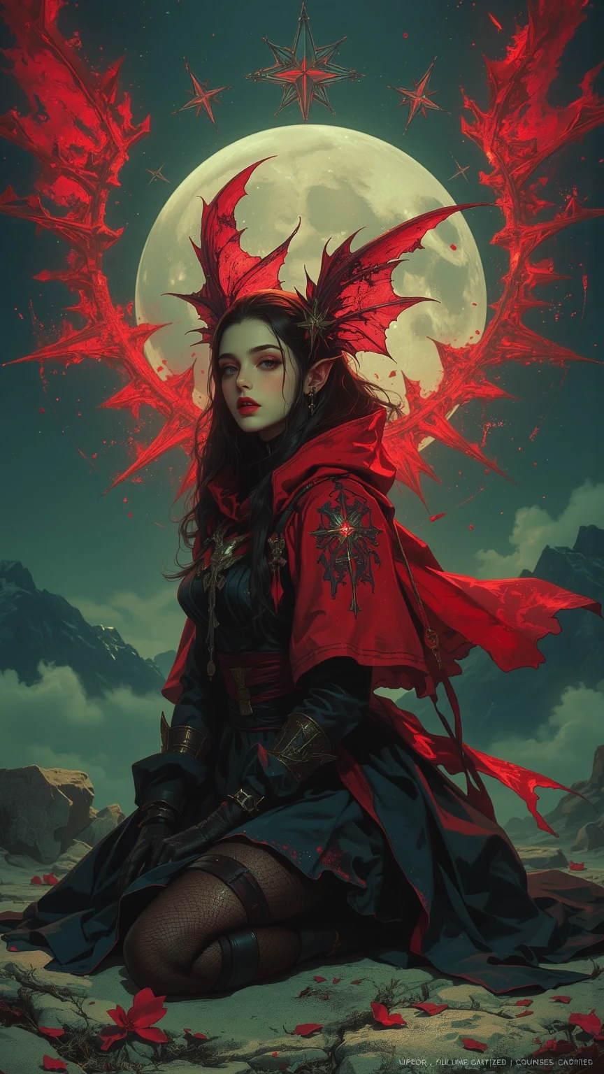 make a picture, gothic male figure, wearing a red black robe, the cavity in the mouth is wide open, showing sharp teeth,
The hand holds a red heirloom ax filled with dripping red liquid, wide open body cavity showing teeth_sharp teeth and a long tongue with red liquid inside,
tattooed on hands and feet, stand,
Very large sharp spiked fractal chains wrap around the body, Wild mystical feel, Other mysterious dark elements such as light smoke and thorns are also present in this image. This image has a strong theme and is full of mysticism.
latarbelakang
gambar ini adalah dalam hutan gothic scary,
the curled, thorny branches of an old tree, scary,Gothic feel