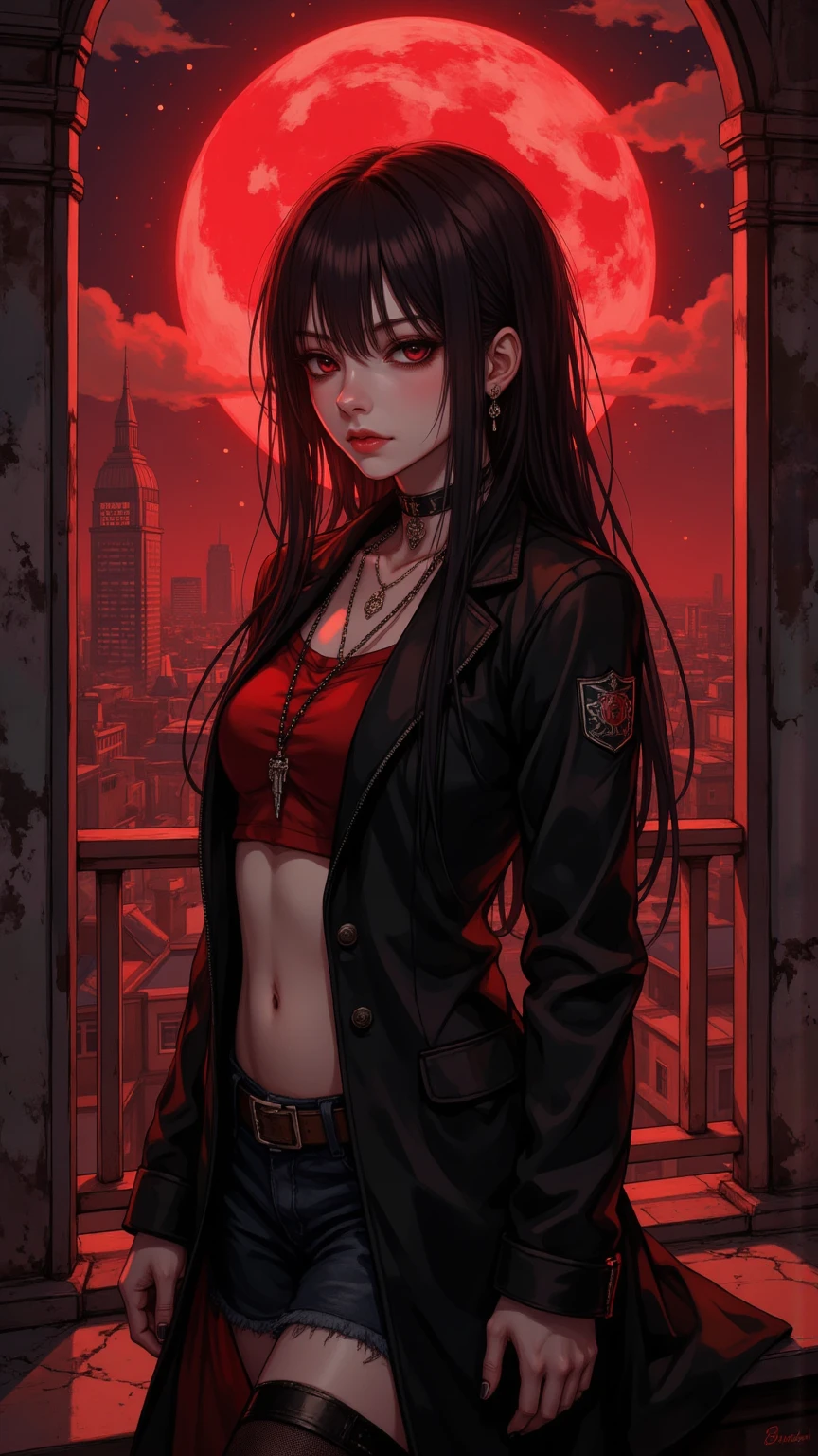  A Girl，Red Deathly Mage, Scarlet moon,  light tracking , masterpiece, Best Quality in Classroom,  Super Quality ,  ridiculous detail , best soft,  best shadow , sharp, sharp image, Detailed, extremely Detailed, High Resolution, 【8k, 4K, UHD,  particle effect, Beautiful special effects , bright color, neon soft, neon, soft,