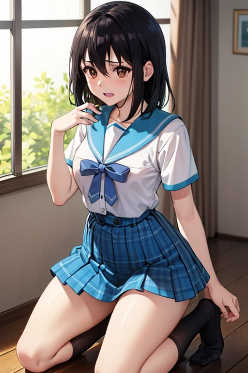 ((Tabletop, highest quality, High resolution, , Pixel perfect, 4K,))), 1 female teacher, single, alone, beauty、The whole body is visible、 ((Mid-wave hair, bangs, Brown Hair)), ((Brown eyes, Beautiful eyelashes, Realistic eyes)), ((Detailed face, Blushing:1.2)), ((Smooth texture:0.75, Realistic texture:0.65, Realistic:1.1, Anime CG Style)), Mid-chest, Dynamic Angle, Perfect body, (( ,necklace、Earrings , White tennis wear、White and short sleeve shirt,Pleated flare skirt 、Lift your skirt with both hands to show your panties)), No bra、sit on tennis coart、Spread your legs、Touching the crotch with both hands、Very embarrassing panic smile, 、Looking up、、(Light blue floral lace panties)、Angle from below)、