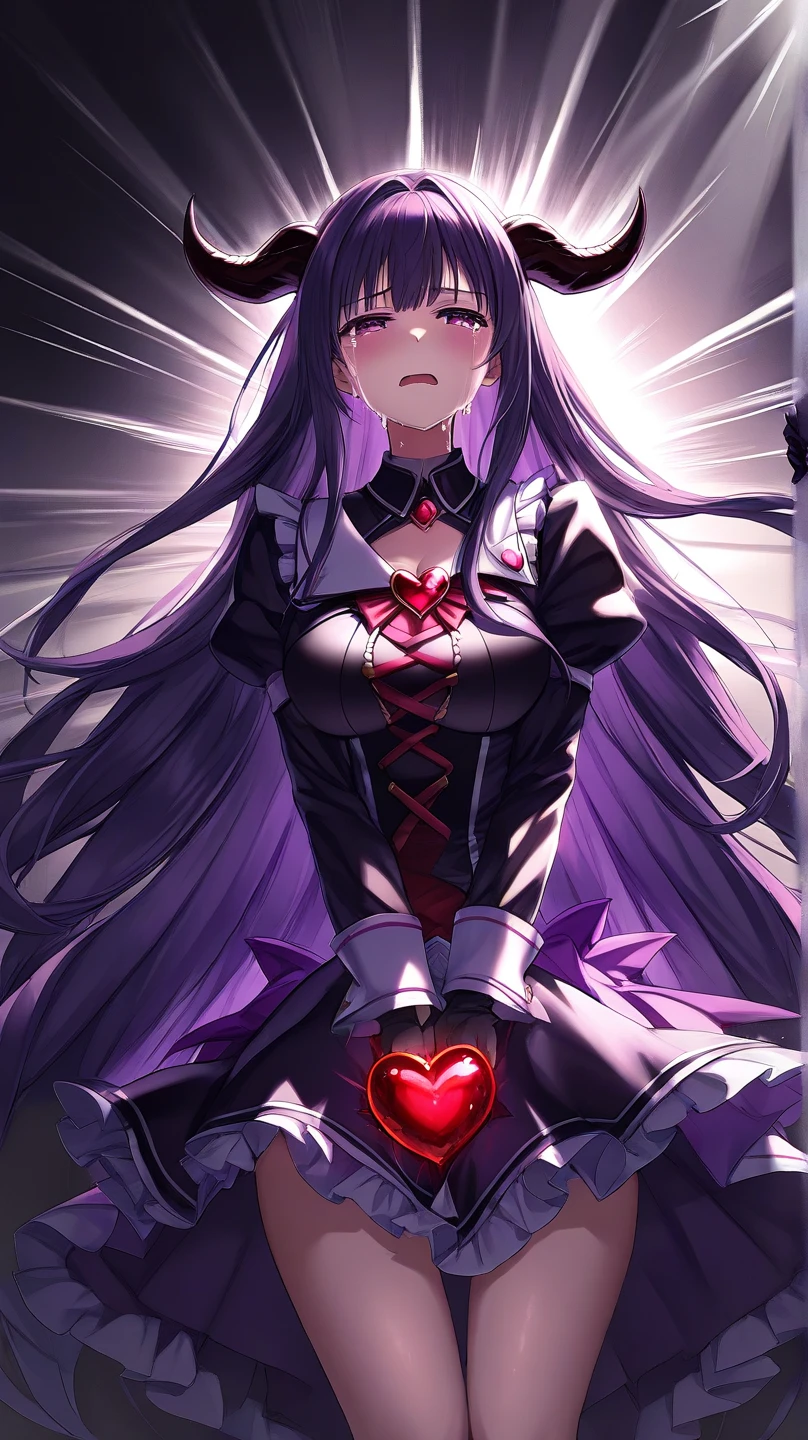 Bare shoulders,Plump breasts,tights,Holding the broken red rose in hand,long purple hair,magic circle,black stockings,Slender figure