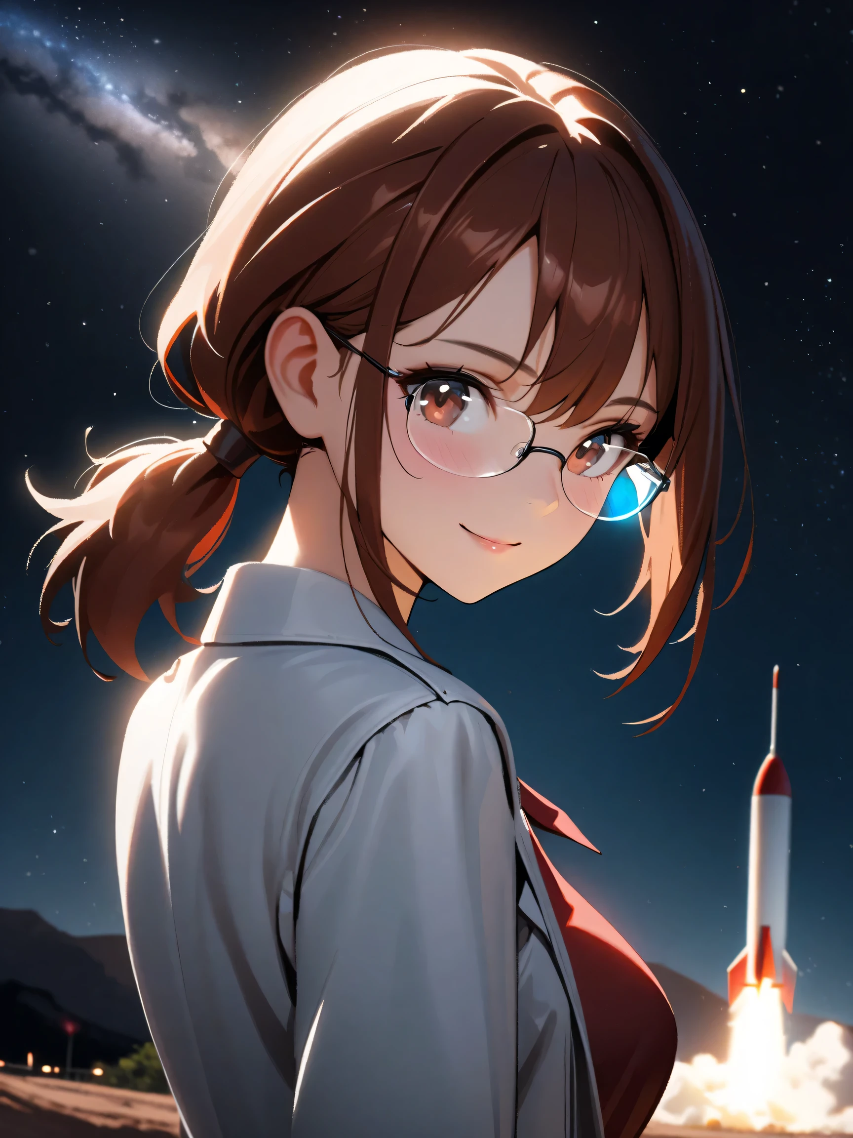 1lady, red brown hair, low short ponytail, rimless glasses, bright white highlights on glasses, white coat, darkred dress shirt, denim pants, beautiful breast, turn around, light smile, hold a file, rocket launch site base back ground, night, milkyway, look at viewer, upper body, lensflare, lensghost, natural lighting, subtle highlights and shadows