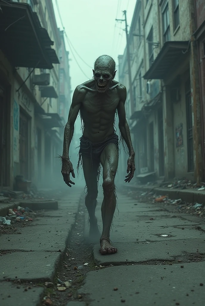 Zumbi sem as pernas, flutuando, "Arte de horror aterrorizante de um lobisomem encorpado com dentes afiados, Set in a dark environment abandoned building. Standing in a horrifying pose, nightmare fuel"