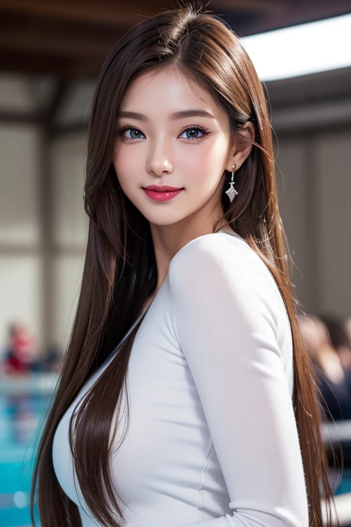 Tzuyu 1, woman, (Realistic), (Hyperrealism), (photoRealistic), Depth of written boundary, eye make up:0.7 (whole body:1.2), (Large Bust),(Tight waist), Watching the audience,In the pits at the racing track, Race Queen, Sexy dress with open shoulders and neckline