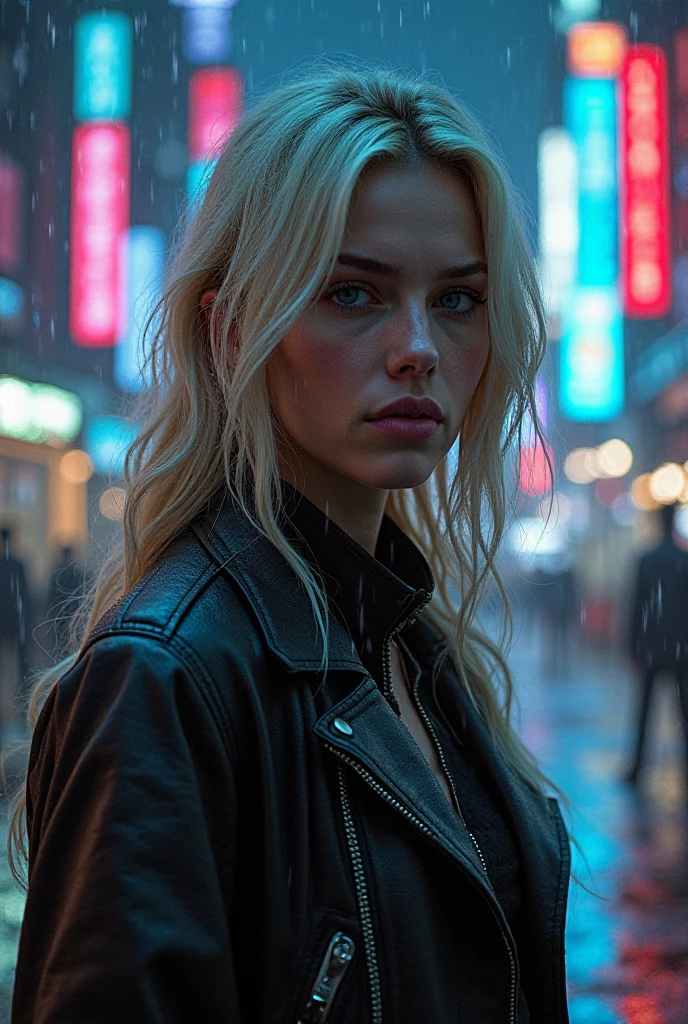 Real photo of blond lady in "cyberpunk city at night, neon lights, rain reflections, futuristic buildings, cinematic angle, ultra-detailed, dark aesthetic"