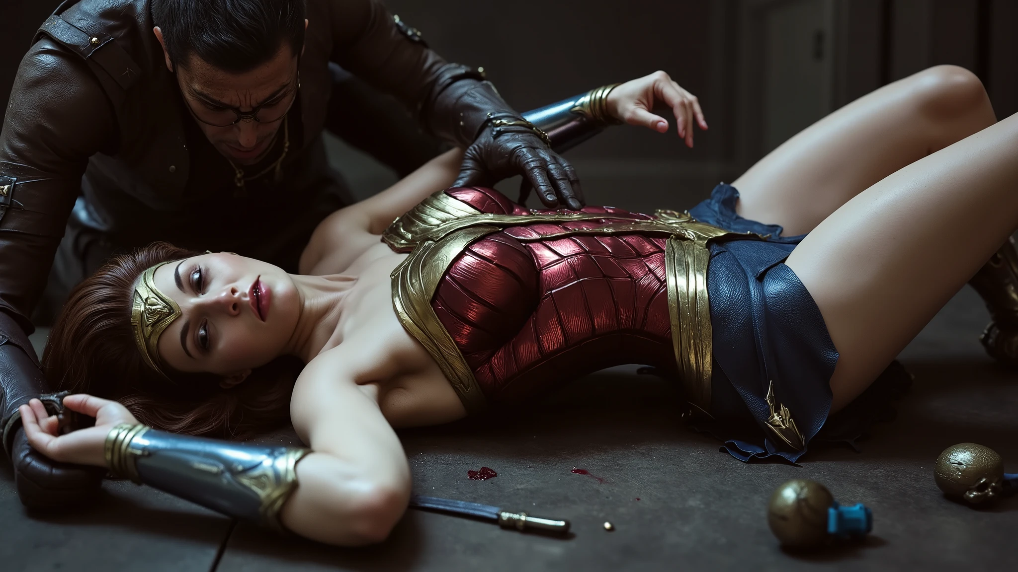 Wonder woman is lying down, bad injury, a monster is kneeling over her body, he grab her neck with both hand,