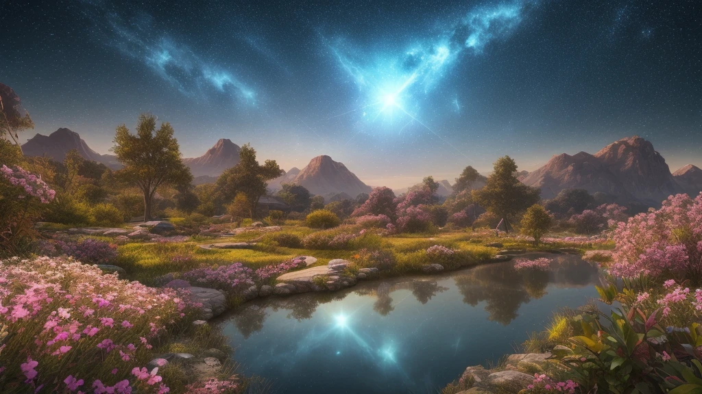 A photorealistic panoramic view of a surreal astral world in the Zephyris Galaxy, a dreamlike landscape with floating crystal structures reflecting soft light, a starry sky with realistic stars and a faint nebula glowing in the background, shimmering stardust particles falling gently like snow, a garden of crystalline flowers with reflective surfaces, a serene and mystical atmosphere, sci-fi realistic style, ultra-detailed textures, realistic lighting with soft reflections, ethereal and magical ambiance, 8K resolution, --ar 16:9