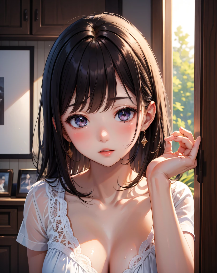 (maximum resolution: 1.2), (Ultra HDTV: 1.2), cinematic light, Ultra HDTV, (fine eyes and skin), (detailed facial features), nffsw, 8K resolution, sharp focus: 1.2,、perfect style, beautiful face, perfect body, Accurate, anatomically correct, Highly detailed face and skin texture, fine eyes, dark blue eyes, double eyelid, thin eyebrows, glitter eyeliner: 1.2, natural cheeks, Glossy skin, Fair skin: 1.2, 光沢のある小さなnecklaceとイヤリング, (glossy lips: 1.4),　photo of cute japanese woman、medium chest、delicate、thin thighs、Upper body、(extra large_sweater:1.1),undressed clothes、black underwear、necklace、simple background、look around、cute earrings、