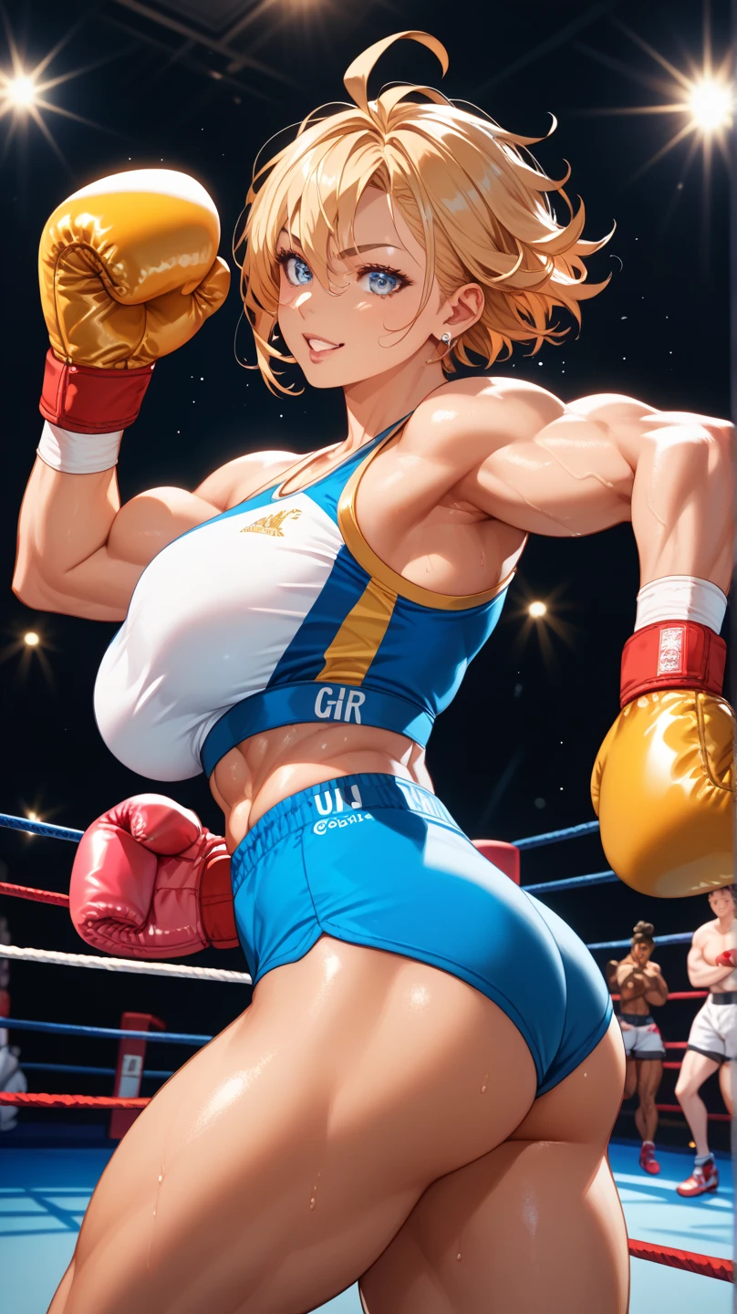 naked、Short blonde、Beauty Boxer、Muscular、Boxer gloves、Sweat、Boxing Gym、naked、(((Female organ)))、Golden pubic hair、(((Photo taken from below)))、((Leg spread))