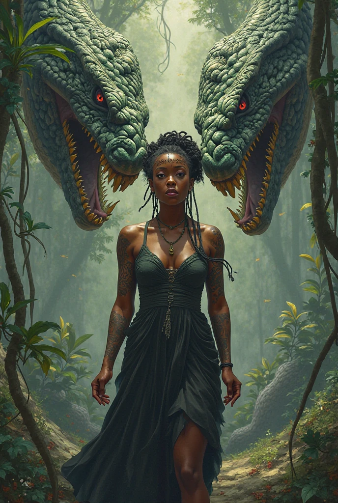 Black woman with braids and tattoos standing in front of big snake thats trying to protect her