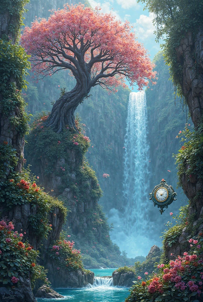 Home picture beautiful waterfall near a magic tree and flowers and a clock .bright light and unusual 3D fontastica
