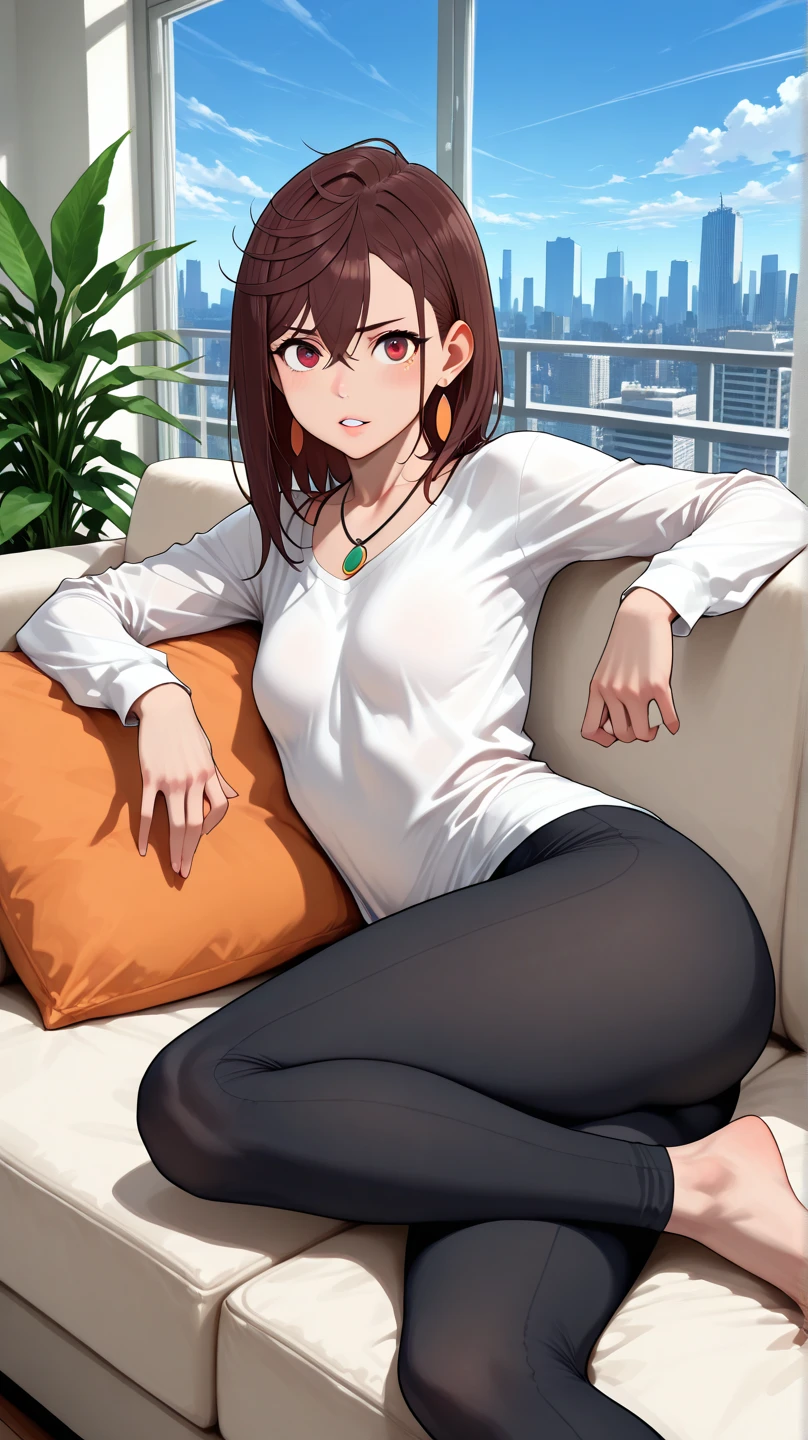 masterpiece, best quality, 1boy, solo, child, brown hair, hazel eyes, white t-shirt, black pants, sweats, undersized clothes, tight clothes, living room, looking at viewer, smile